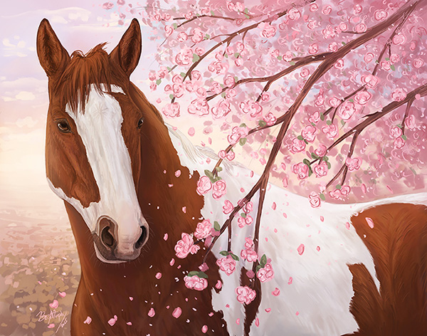 Digital painting of rescue horse ChaCha for the organization Art While Apart. ChaCha is a chestnut tobiano mare surrounded by cherry blossoms.