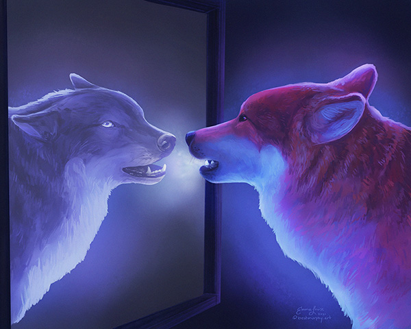 Digital painting of a wolf looking at its reflection in a mirror. This piece is titled Who's That in the Mirror.